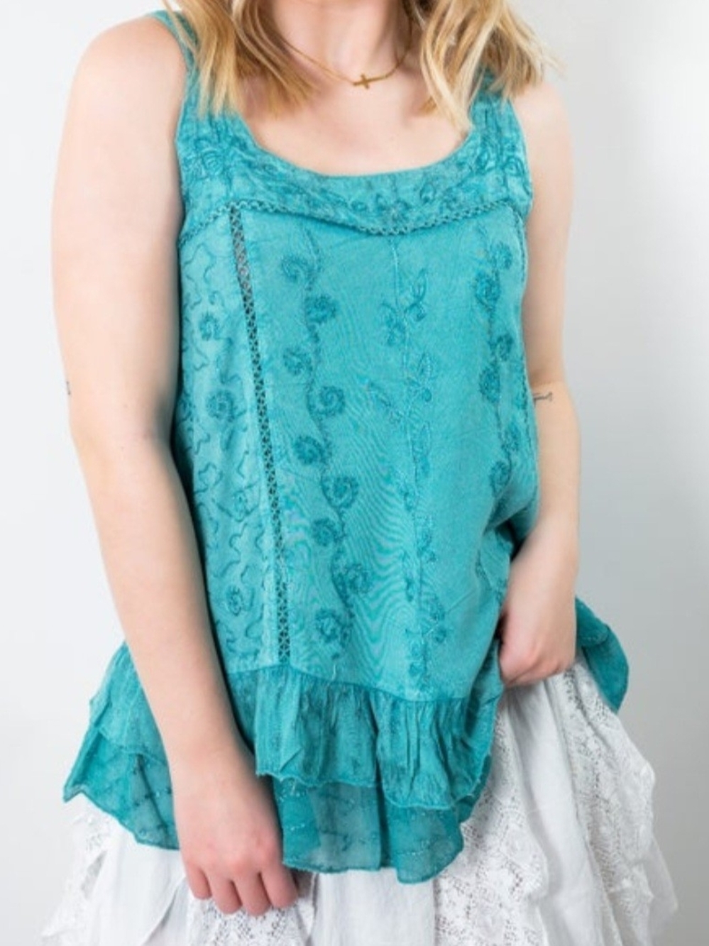 Stone Washed Teal Embroidered Ruffle Hem Sleeveless Tank